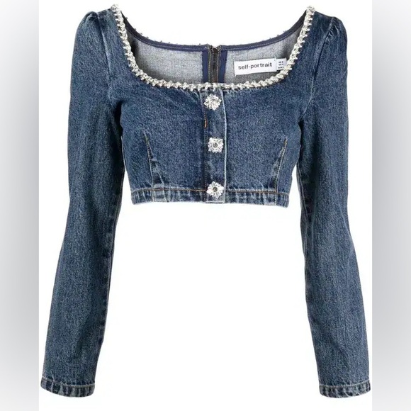 Self-Portrait Tops - SELF-PORTRAIT Crystal-Embellished Denim Top Size 6 NWT